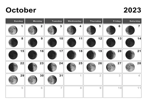Październik 2023 Kalendarz Księżycowy Cykle Księżyca Faza Księżyca — Zdjęcie stockowe
