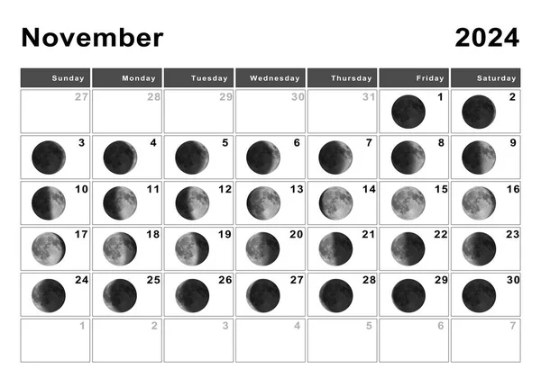 Listopad 2024 Kalendarz Księżycowy Cykle Księżyca Faza Księżyca — Zdjęcie stockowe