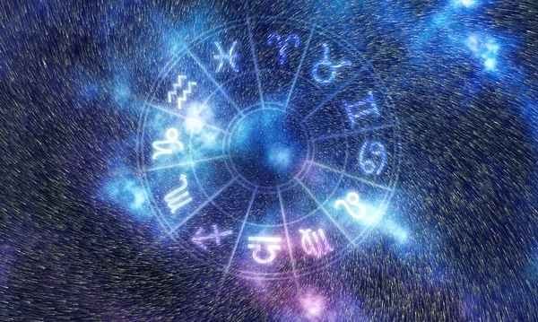 Horoscope Signs Space Background Astrology Wheel Stars Night Sky — стокове фото