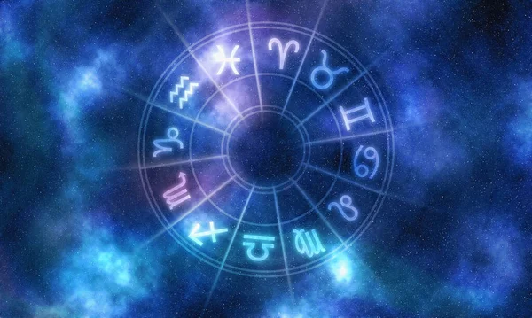 Horoskop Tanda Tanda Space Latar Belakang Roda Astrologi Bintang Malam — Stok Foto