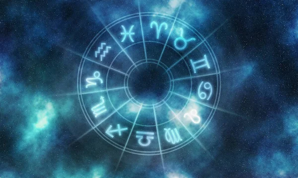 Horoscope Σημάδια Χώρο Φόντο Ρόδα Αστρολογίας Αστέρια Νύχτα Ουρανό — Φωτογραφία Αρχείου