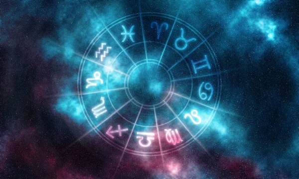 Horoskop Znaky Prostor Pozadí Astrologie Kolo Hvězdy Noční Obloha — Stock fotografie