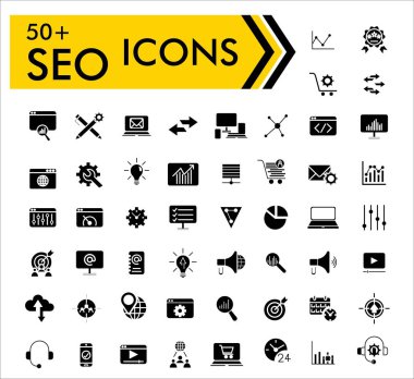 SEO simgeleri ayarlandı - Arama Motoru Optimizasyon SEO simge koleksiyonu. Basit vektör illüstrasyonu.
