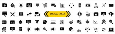 SEO simgeleri ayarlandı - Arama Motoru Optimizasyon SEO simge koleksiyonu. Basit vektör illüstrasyonu.