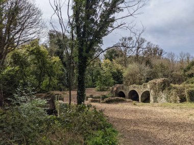 Parktaki bir derenin üzerindeki antik taş köprü  