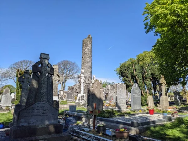 Manastır mezarlığı, yüksek haçlar ve bir kule, Louth, İrlanda