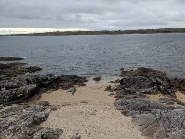 Deniz ve mavi gökyüzü manzaralı kıyı manzara