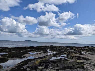 Deniz ve mavi gökyüzü manzaralı kıyı manzara