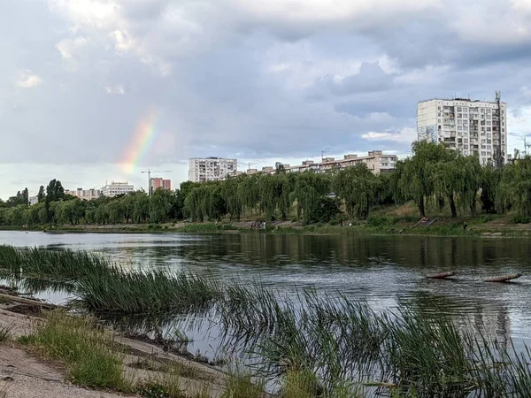 Beautiful Landscape Rainbow River Houses Kyiv — Stock fotografie