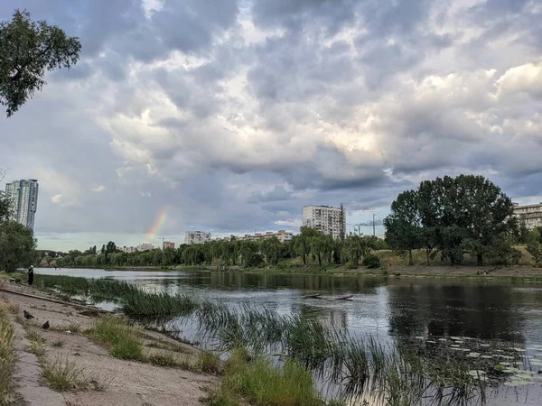 beautiful landscape with river and houses of Kyiv city