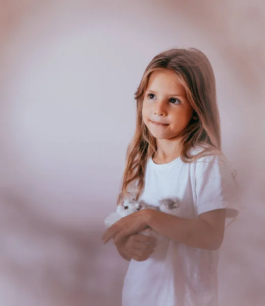 Retrato de cerca de una hermosa niña rubia abrazando su juguete hecho a mano favorito, gato de punto. — Foto de Stock