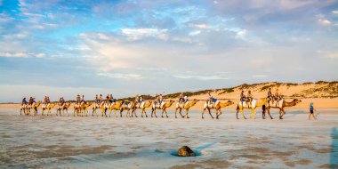 Cable Beach, Broome / Avustralya - Cable Beach 'te güzel bir gün batımı olan Camels' a binen insanlar.