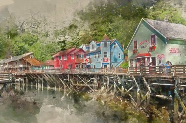 Ketchikan, Alaska / ABD - 06 / 30 / 2015 Ketchikan 'daki Creek Caddesi' nin tarihi tahta kaldırımının resmedilmiş resmi