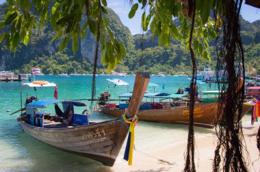 Phi Phi Adası, Phuket / Tayland - 05 / 14 / 2013 Uzunkuyruklu tekneler Maya Körfezi kıyısında Phi Phi adasında