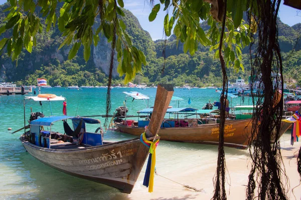 Phi Phi Adası, Phuket / Tayland - 05 / 14 / 2013 Uzunkuyruklu tekneler Maya Körfezi kıyısında Phi Phi adasında