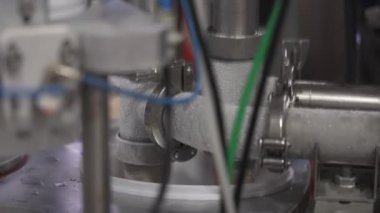 Süt, konveyör beyaz plastik kutuları çikolatalı dondurmayla dolduruyor.