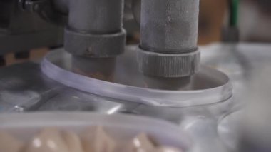 Süt, konveyör beyaz plastik kutuları çikolatalı dondurmayla dolduruyor.