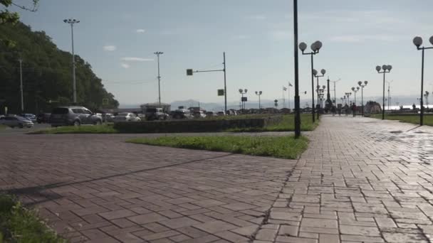 Tagsüber Ein Lebhafter Park Zentrum Der Stadt Petropawlowsk Kamtschatski Menschen — Stockvideo