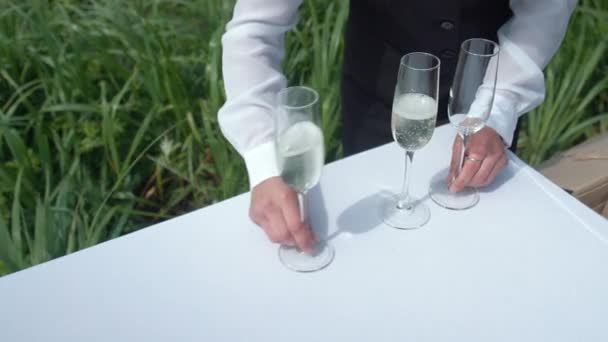 Naturen Flickan Servitören Ordnar Glasen För Mousserande Vin Bordet Som — Stockvideo