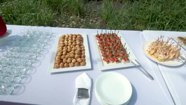 Natureza Uma Mesa Com Lanches Cobertos Com Uma Toalha Mesa — Vídeo de Stock