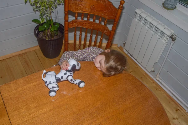 Dziewczynka Grać Robot Pies Wideo Bez Przetwarzania — Zdjęcie stockowe