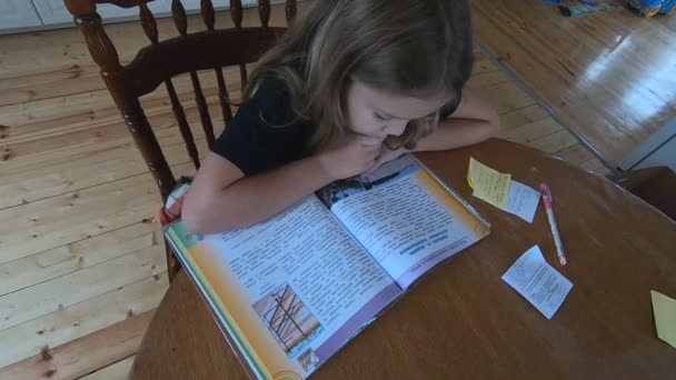 Kind Meisje Doet Een School Opdracht Uit Een Leerboek Thuis — Stockvideo