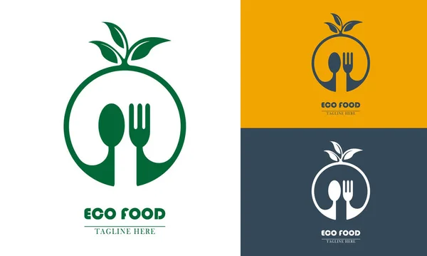 円形のフォークとスプーン植物のロゴアイコン 自然のレストランに適しています ベクトル抽象平面デザイン — ストックベクタ
