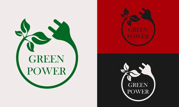 電源と緑の葉のロゴアイコンの要素 黒と白のカラーオプション 緑の企業エネルギーに適しています フラットデザイン抽象概念ベクトル — ストックベクタ