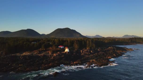 Aerial Flight Dense Forest Rocky Coast Ocean Lighthouse — Stock Video