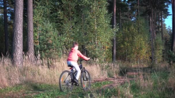 Dreng Orange Sweater Rider Cykel Solrigt Efterårsvejr – Stock-video