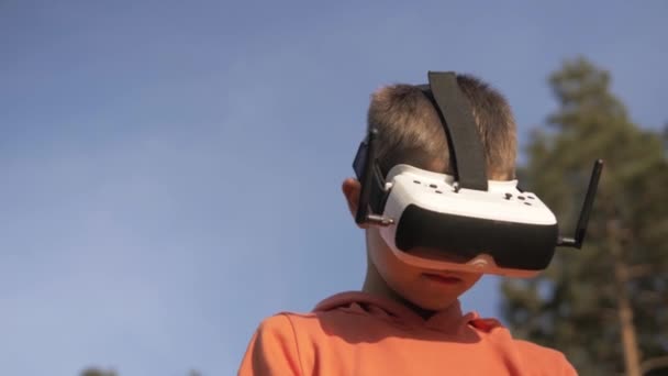Boy Forest Uses Virtual Reality Glasses Amazed Nature — Stock Video