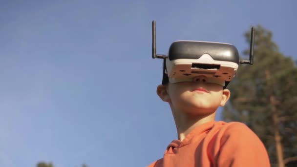 Boy Forest Uses Virtual Reality Glasses Amazed Nature — Stock video