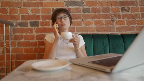 Frau arbeitet fernab in Café mit roten Ziegelwänden. Die Brillenträgerin spricht per Smartphone. Co-Working Center mit Loft-Interieur-Stil. Freiberuflicher Arbeitsplatz. — Stockvideo