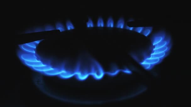 Spostare fiamme di gas nella cucina a gas. Fuoco blu sulla stufa al buio. — Video Stock