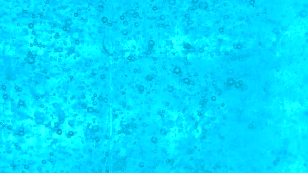 투명 한 세척제 안에서 공기 방울의 느린 움직임. 거품을 일으키는 세척제로 이루어진 밝고 푸른 액체로 된 몸. — 비디오