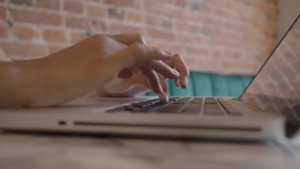 Kobieta pracuje zdalnie w kawiarni z czerwoną ceglaną ścianą. Kobiece typy na klawiaturze laptopa. Współpracujące centrum ze stylem wnętrz poddasza. Miejsce pracy na własny rachunek. — Wideo stockowe