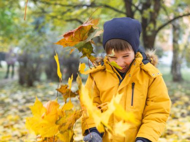 Neşeli çocuk sarı yapraklarla selam veriyor. Sonbahar sezonunda çocuklar için açık hava aktivitesi. Sonbahar günü.