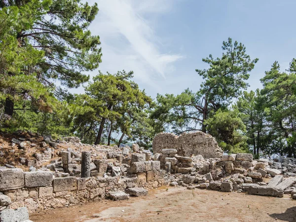 Ruinas Antigua Ciudad Phaselis Piedras Edificios Dañados Excavaciones Arqueológicas Aire — Foto de Stock