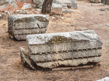 Antik Phaselis şehrinin kalıntıları. Arkeoloji sahasında oyulmuş süslemeleri olan taşlar. Hadrian 'ın Phaselis kapısı. Türkiye.