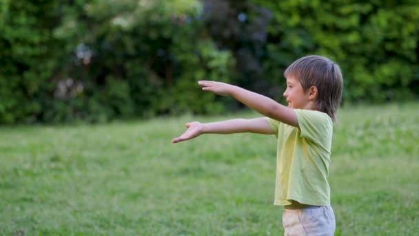 幼い子供は芝生でフリスビーをする。夏の波。屋外レジャー活動。家族の生活。裏庭でのスポーツゲーム. — ストック動画