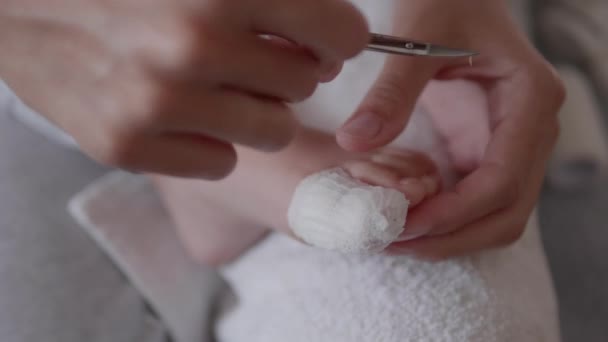 Mor bandage hennes barn stortå och skär naglar på andra foten. Närbild foto av barn fot med bandagerat finger. Första hjälpen vid liten inhemsk skada. — Stockvideo