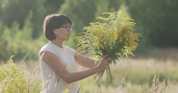 A nő az őszi mezőn szedi a Solidago-t, közismert nevén aranyrudakat. Virágárus a munkahelyemen. Sárga virágok díszítő csokorként az otthoni belső tér. — Stock videók
