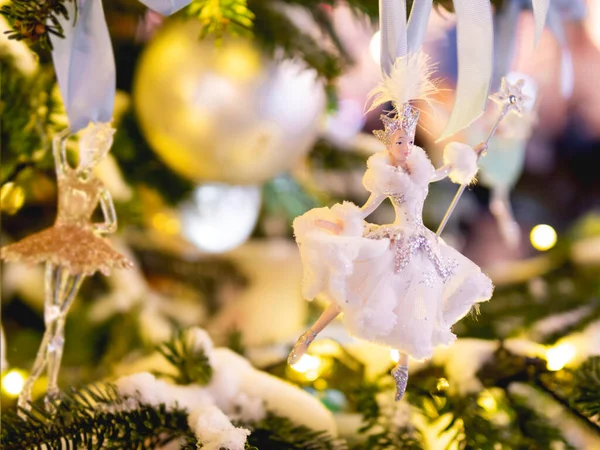 Christmas Tree Snow Queen Fir Tree Decorated Light Bulbs Ballerina — Stock Photo, Image