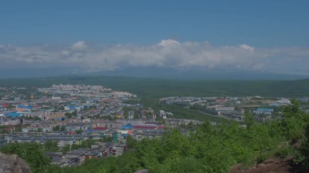 Panorama view of Petropavlovsk-Kamchatsky from Nikolskaya Sopka. Aerial cityscape. Kamchatka peninsula, Russia. — Video Stock