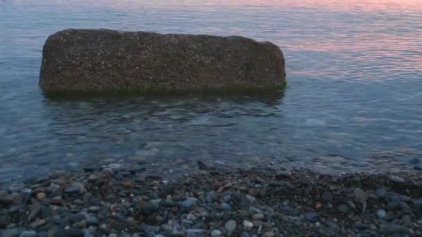 日落时在卵石海滩上轻柔地冲浪.水中的阳光反射. — 图库视频影像