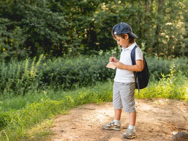 Mindful Boy Writes Something Notebook While Walking Forest Exploring Nature — стоковое фото