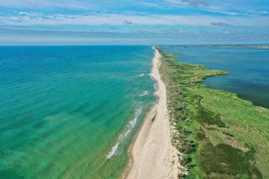 Aerial view of waves on a gritty tropical beach. Oncoming waves crashing against the sandy tropical shore over and over again. Aerial drone top view of sandy and wavy beach.