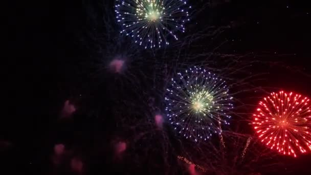 Colorido banger contra el oscuro cielo nocturno durante un evento festivo. Fuegos artificiales brillantes. — Vídeo de stock