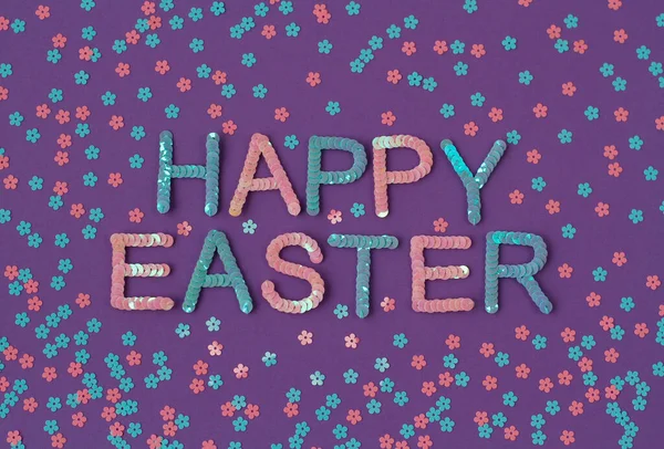 Inscription Happy Easter Embroidered Pink Blue Sequins Purple Textured Background — Stock Photo, Image