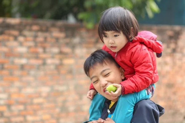 Feliz Niño Vietnamita Sonriente Comiendo Manzana Sosteniendo Hermana Pequeña Sentada —  Fotos de Stock